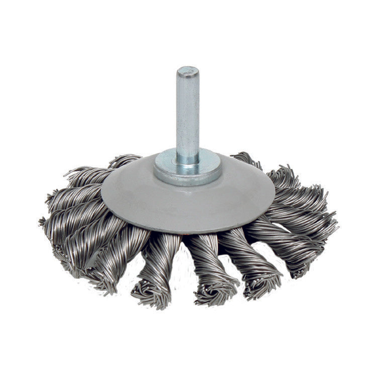 Deltach Tellerbürste konisch 75mm, Edelstahl, Stift 6mm, 15.000rpm, geflochten 735405