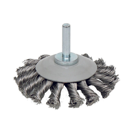 Deltach Tellerbürste konisch 75mm, Edelstahl, Stift 6mm, 15.000rpm, geflochten 735405