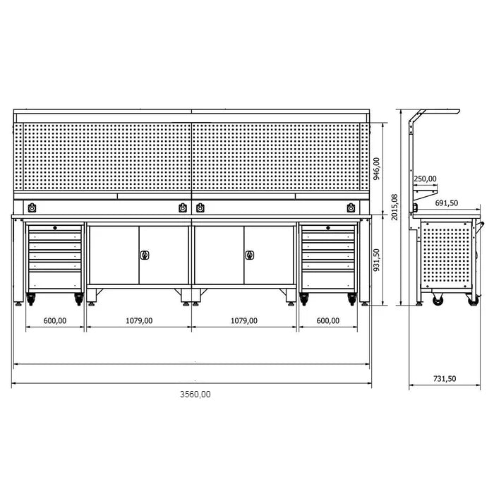 TOOLBOX4YOU Profi Werkbank mit Schubladen und Rückwand WBG04 - 3560x700x1995mm