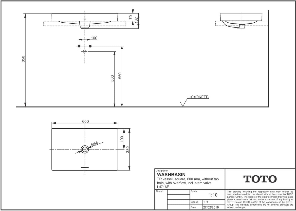 TOTO LINEARCERAM Aufsatzwaschtisch 600 mm, ohne Hahnloch, mit Überlauf, weiß