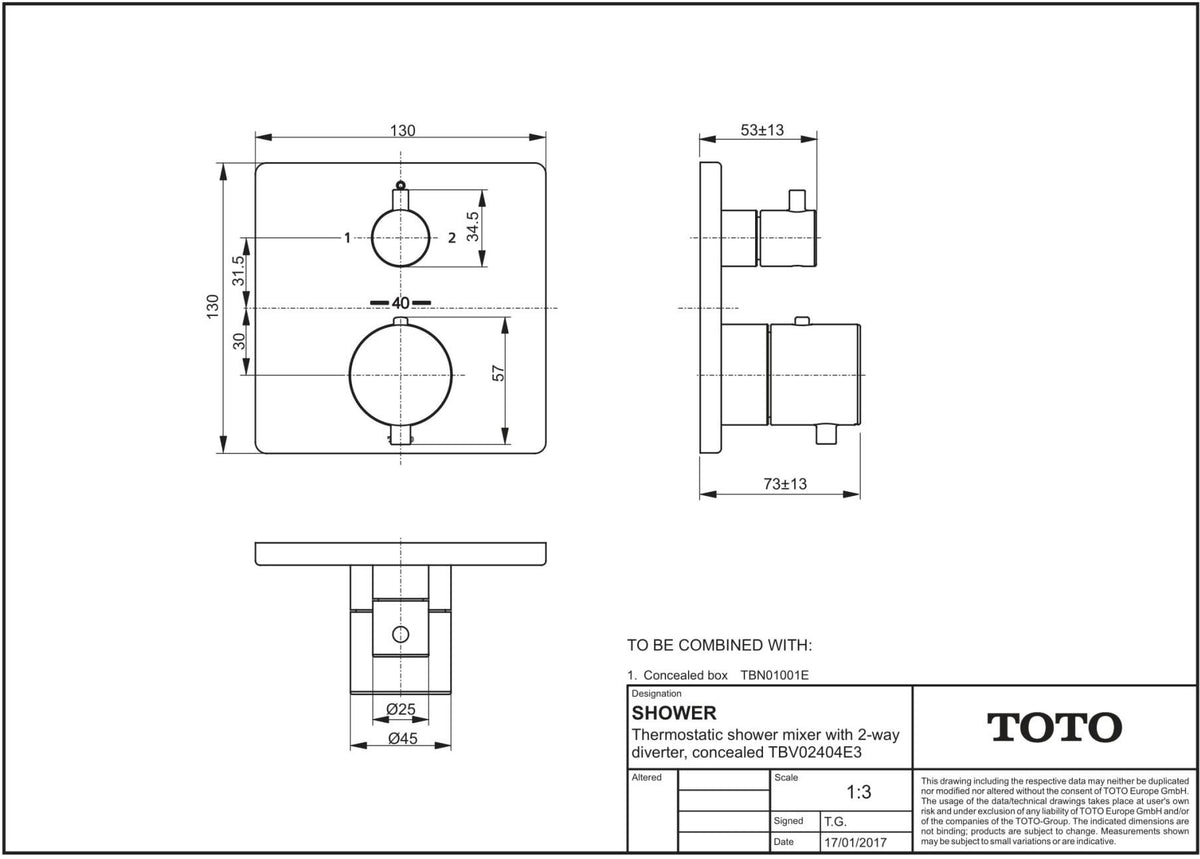 TOTO Brausethermostat Unterputz mit 2-Wege-Umsteller, Safety Thermo, chrom