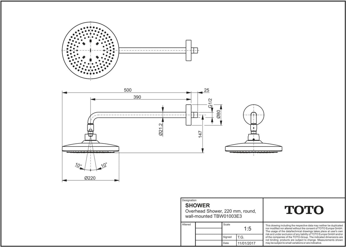 TOTO Kopfbrause rund Comfort Wave weiß/chrom – 220 mm, 2 Strahlarten, Antikalk