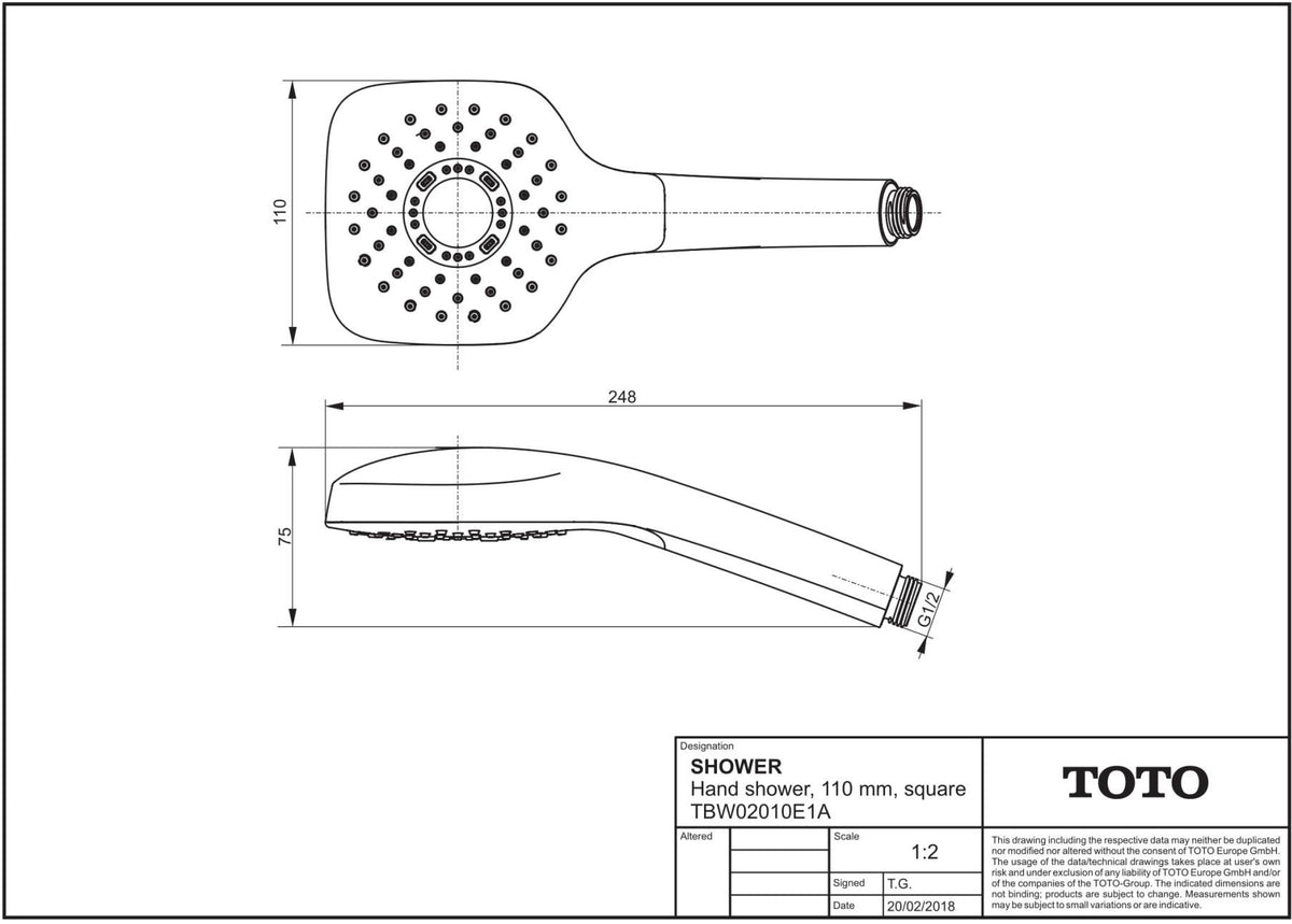 TOTO Handbrause 110 mm eckig weiß/chrom – wassersparend mit Antikalksystem