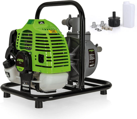 VITO 1,5PS Wasserpumpe VIMB12TA 6500l/h, 30m Förderhöhe,1 Zoll Anschluss, Gartenpumpe Schmutzwasserpumpe max 10mm Partikeln, 2-Takt-Motor, 8m Ansaughöhe, Seilzugstart, Metallfuß, Tragegriff - VIMB12TA - Tools.de TP Profishop GmbH