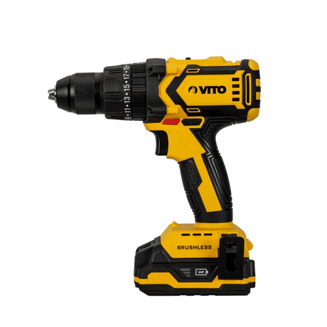 VITO Akku-Bohrschrauber mit bürstenlosem Motor 20V - 2 Geschwindigkeitsstufen, Lithium-Ionen-Akku, Schnellstoppfunktion - Pro Power - VIBBSFL20 - Tools.de TP Profishop GmbH