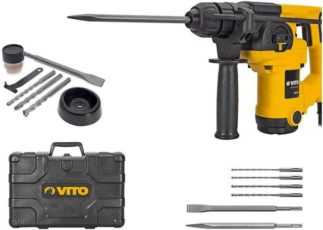 VITO Bohrhammer & Stemmhammer (VIMP710 SDS-Plus), 0-800rpm, 0-5000ipm, Sicherheitskupplung, einstellbare Meißelposition, 3.33 Kg, 710 W mit zusätzlichem Griff, Fettwanne und Staubschutz - Tools.de TP Profishop GmbH