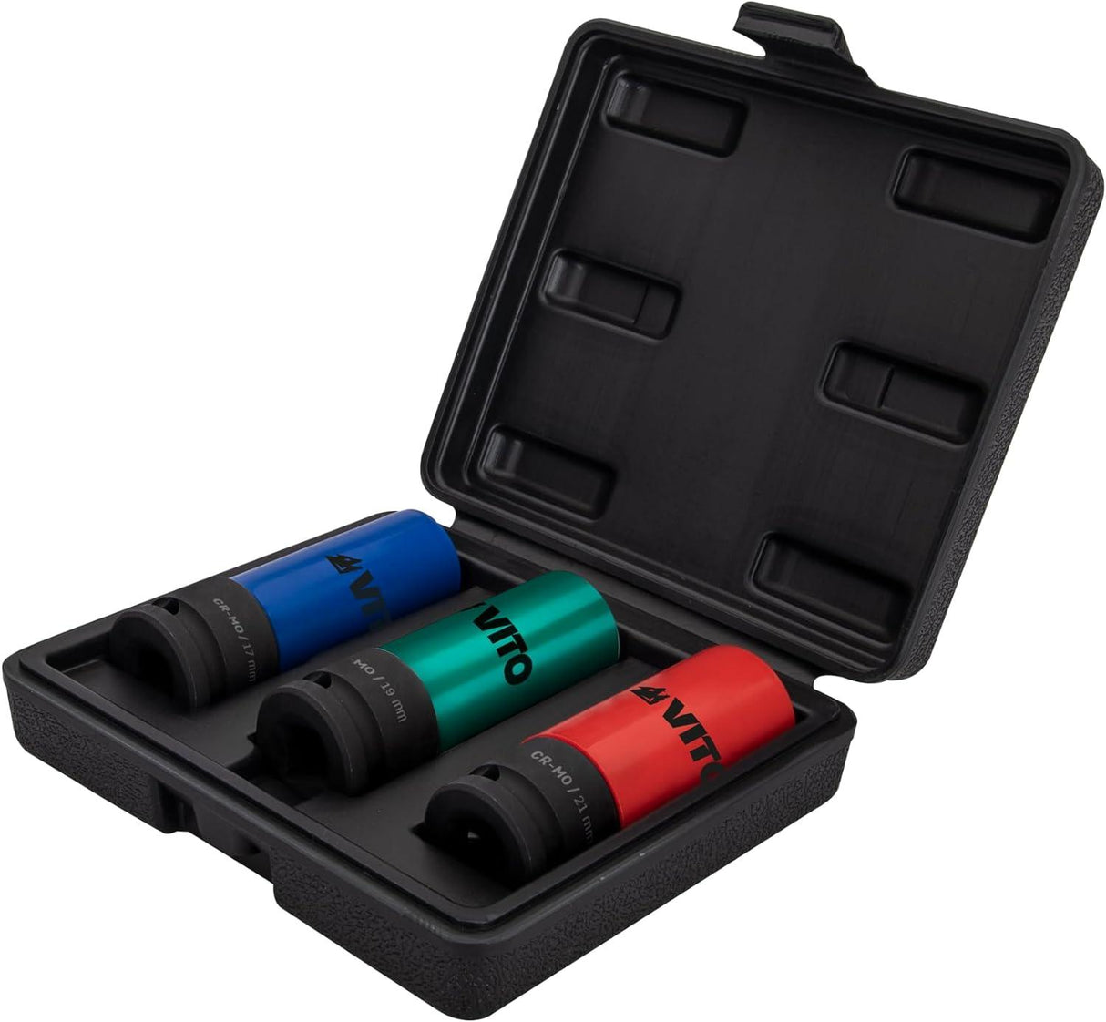 VITO Kraft-Steckschlüssel-Satz 3 Teile - Cr-Mo Stahl, Kraft-Schoneinsätze 3tlg für Alu-Felgen 17mm 19mm 21mm für Schlagschrauber, Schonnüsse, Impact Socket, 0,5 Zoll, im Werkzeugkoffer - Pro Power - VICI3MO - Tools.de TP Profishop GmbH
