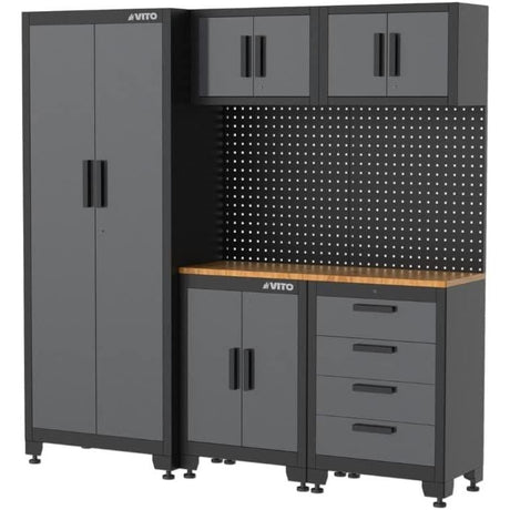 VITO Männerküche - 21-TLG Werkstatteinrichtung Set mit Schubladen ca. 473 x 50 x 200 cm, Garage Werkstatteinrichtung, Werkbank, Werkzeugschrank, Werkbank mit Holzarbeitsplatte - (VIAGCSETC) - Tools.de TP Profishop GmbH