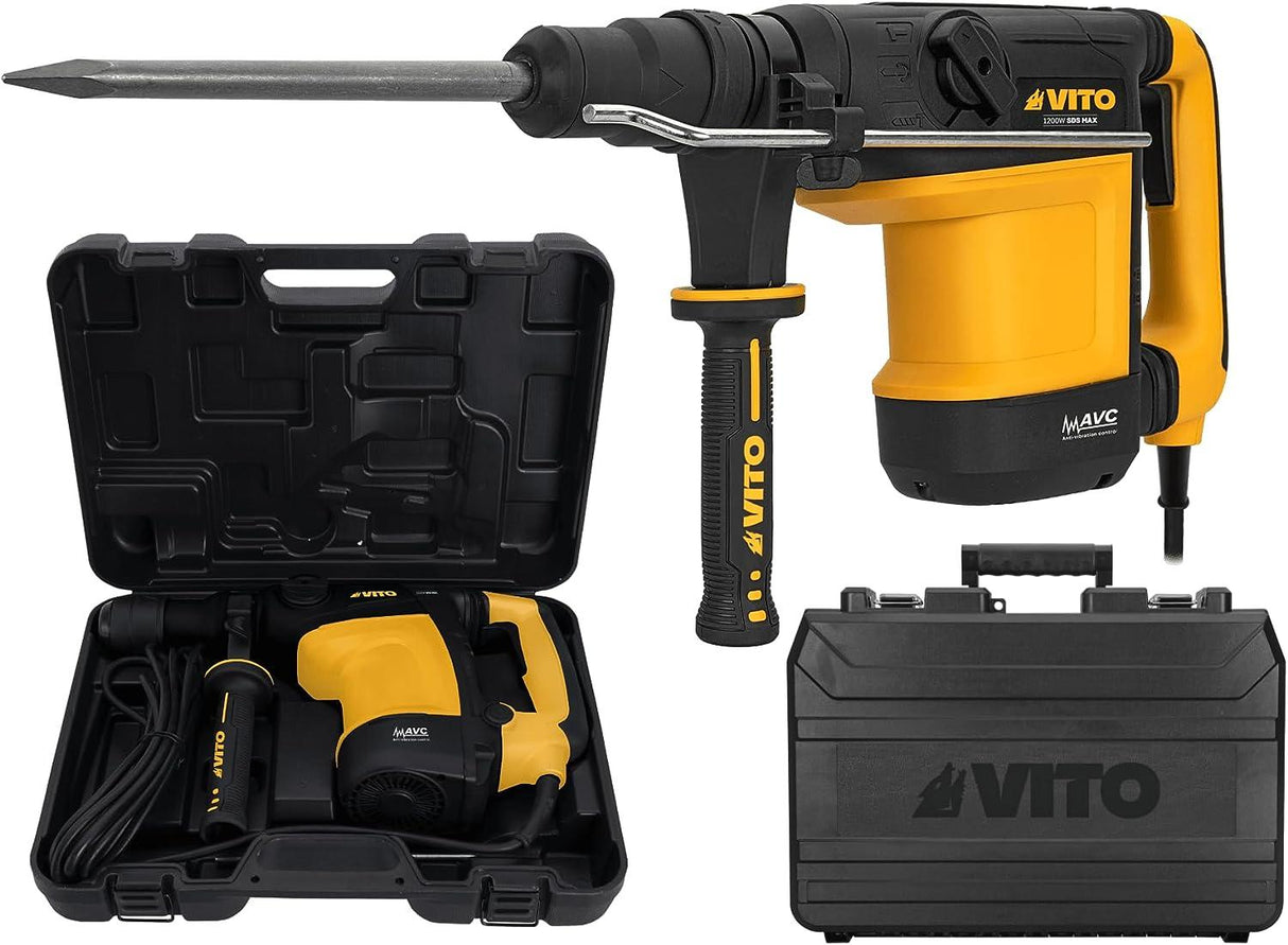 VITO SDS-Max Bohrhammer, 1200W 2-9Joule Abbruchhammer VIMP1200, 1350-2950ipm 235-514U/Min, Anti-Vibration, Einstellung der Meißelposition; Sicherheits-Kupplungsvorrichtung, 30mm Bohrleistung in Beton - Tools.de TP Profishop GmbH
