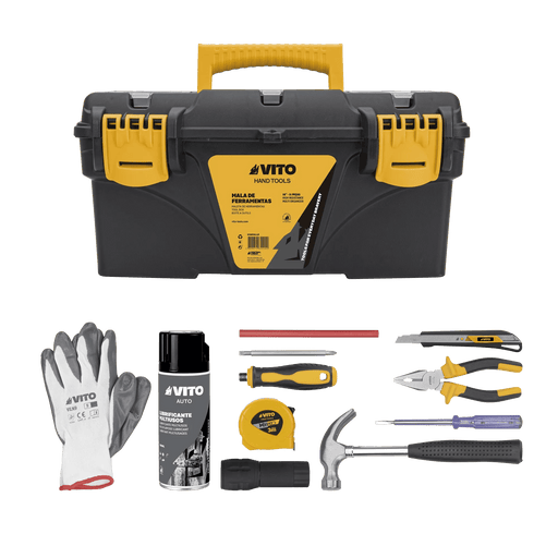 VITO Werkzeugkoffer mit Inhalt - 11-teilig - ideal für den Hausgebrauch mit Handschuhen, Taschenlampe, Hammer, Maßband, Zange, etc. - Hand Tools - VIMFH11P - Tools.de TP Profishop GmbH