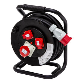 Fluxon 400v Kabeltrommel 5G 2,5 mm² - CEE Starkstrom Kabeltrommel 20m Leitung, 2 Schutzkontaktsteckdosen 230 V, 1 CEE-Steckdose 5-polig, 400V 16 A für den Außenbereich und Baustelle - KH20M25P3 - Tools.de TP Profishop GmbH