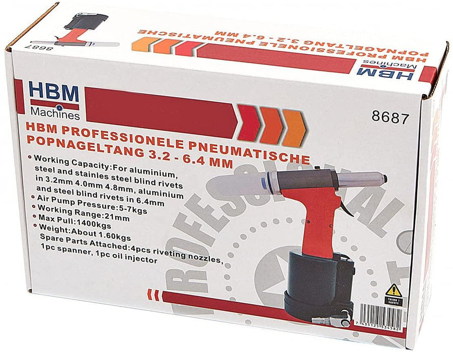 HBM Blindnietpistole für Nietgrößen von 3,2-6,4mm, Druckluft Nietpistole - Pneumatische Popnietzange - Tools.de TP Profishop GmbH