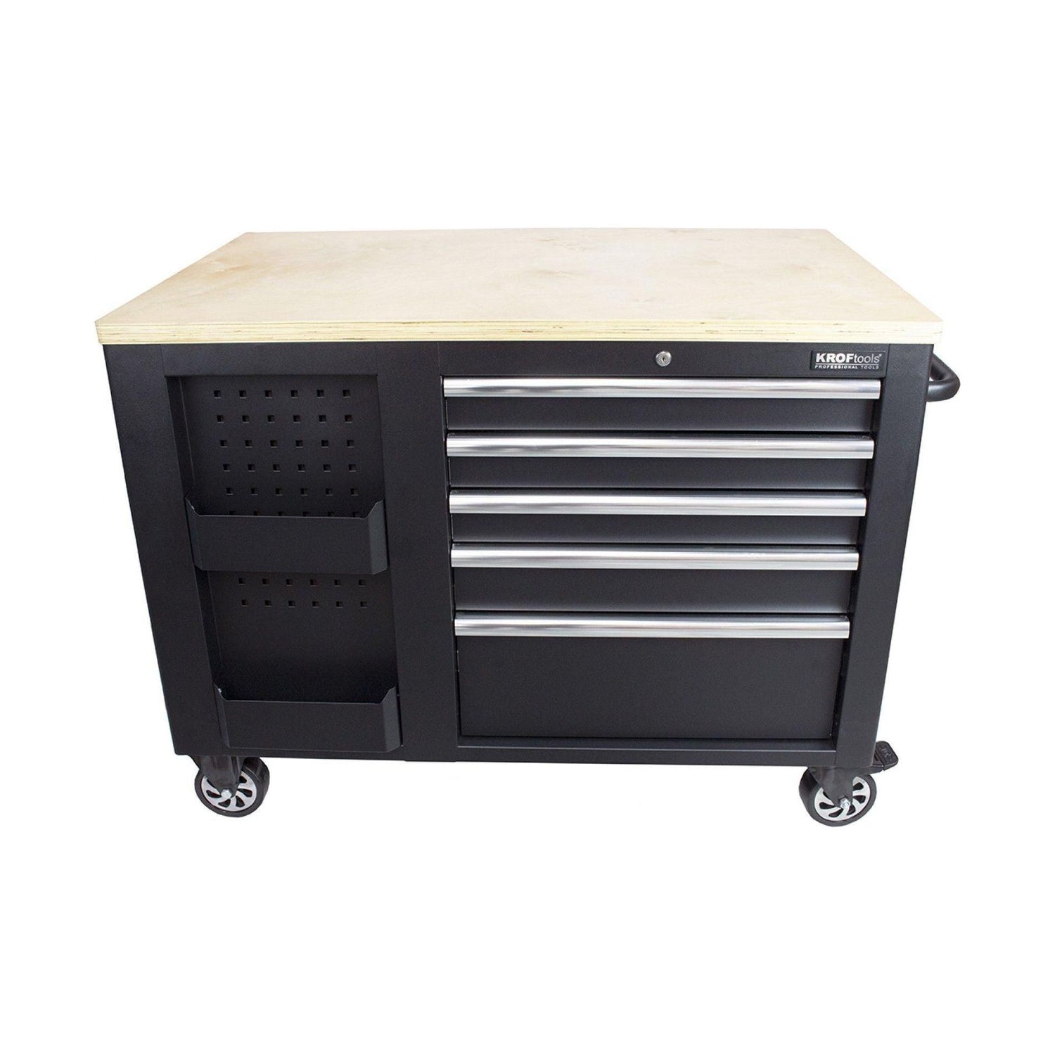 KROFtools Profi fahrbare Werkbank mit Schubladen, 10 Schubladen, 1 Flügeltür, Werkbank mit kleine Lochwand, Werkstattausrüstung Tools.de - Werktisch Montagewerkbank Werkstatttisch - kugelgelagerten Schubladen - Tools.de TP Profishop GmbH