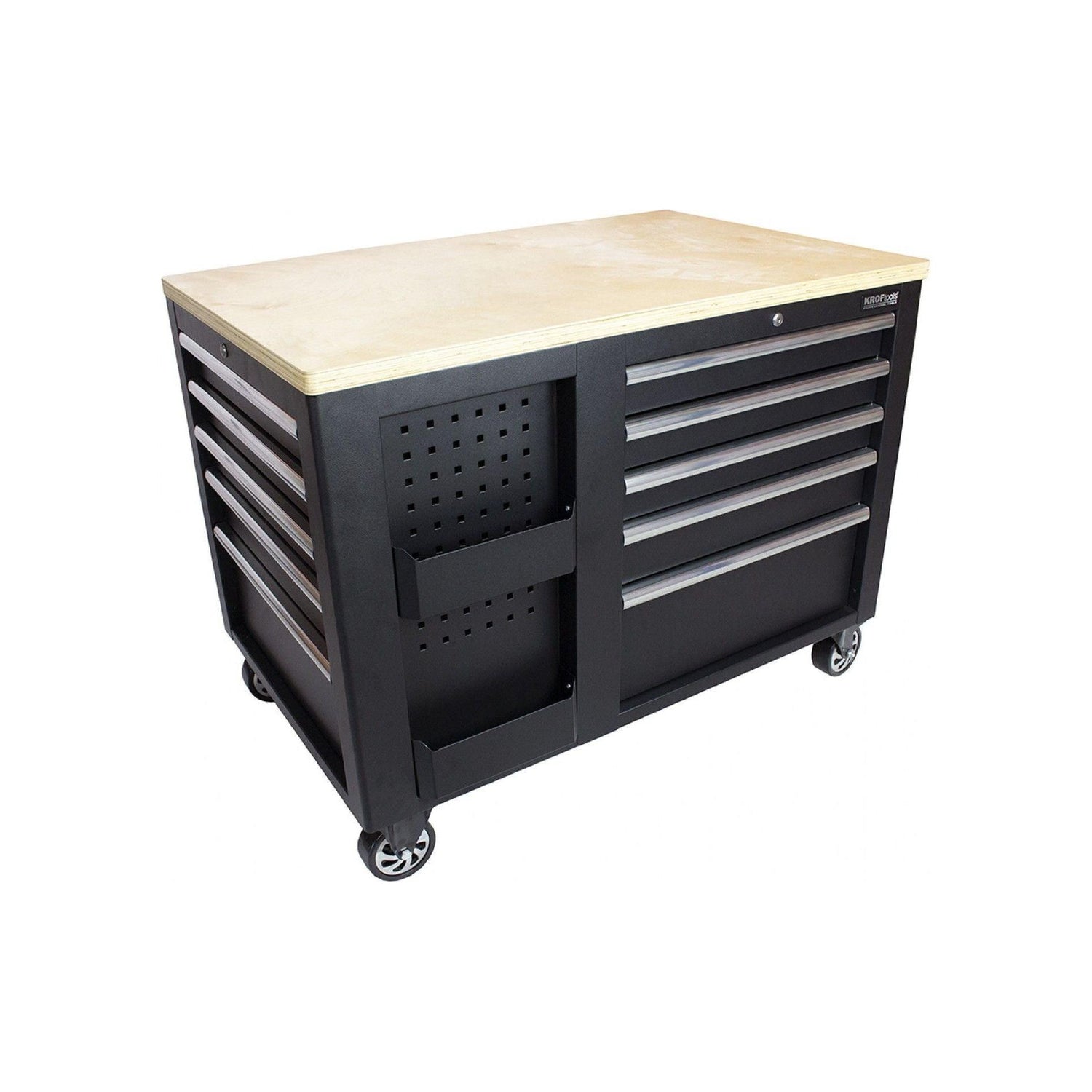 KROFtools Profi fahrbare Werkbank mit Schubladen, 10 Schubladen, 1 Flügeltür, Werkbank mit kleine Lochwand, Werkstattausrüstung Tools.de - Werktisch Montagewerkbank Werkstatttisch - kugelgelagerten Schubladen - Tools.de TP Profishop GmbH