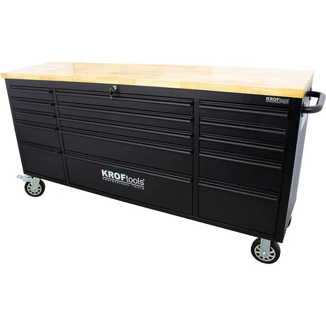 KrofTools Werkbank mit Schubladen 183 cm Werkzeugwagen, fahrbare Werkbank mit 35mm Massivholzplatte, Werkbank mit Rollen und Schubladen, schwarz, Werkbank Werkstatt Black Series - Tools.de TP Profishop GmbH