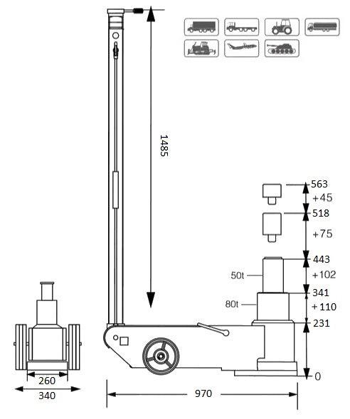 MAMMUTH 80T-50T LKW Wagenheber Hydraulisch - Lufthydraulisch Teleskop Rangierwagenheber 80T - 50T FJ80AHT - Tools.de TP Profishop GmbH