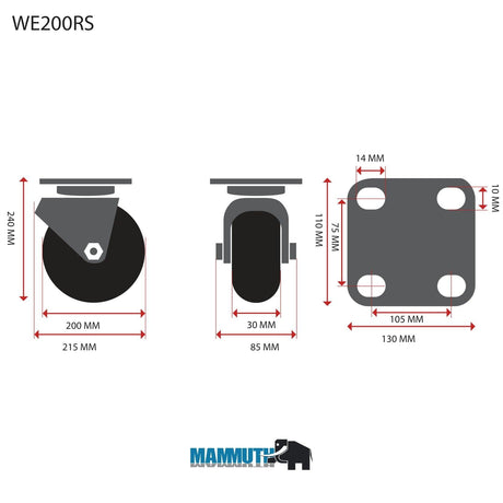 MAMMUTH Lenkrolle 230kg 200 x 30mm Gummi Ersatzrad Ersatzrolle Rolle WE200RS - Tools.de TP Profishop GmbH