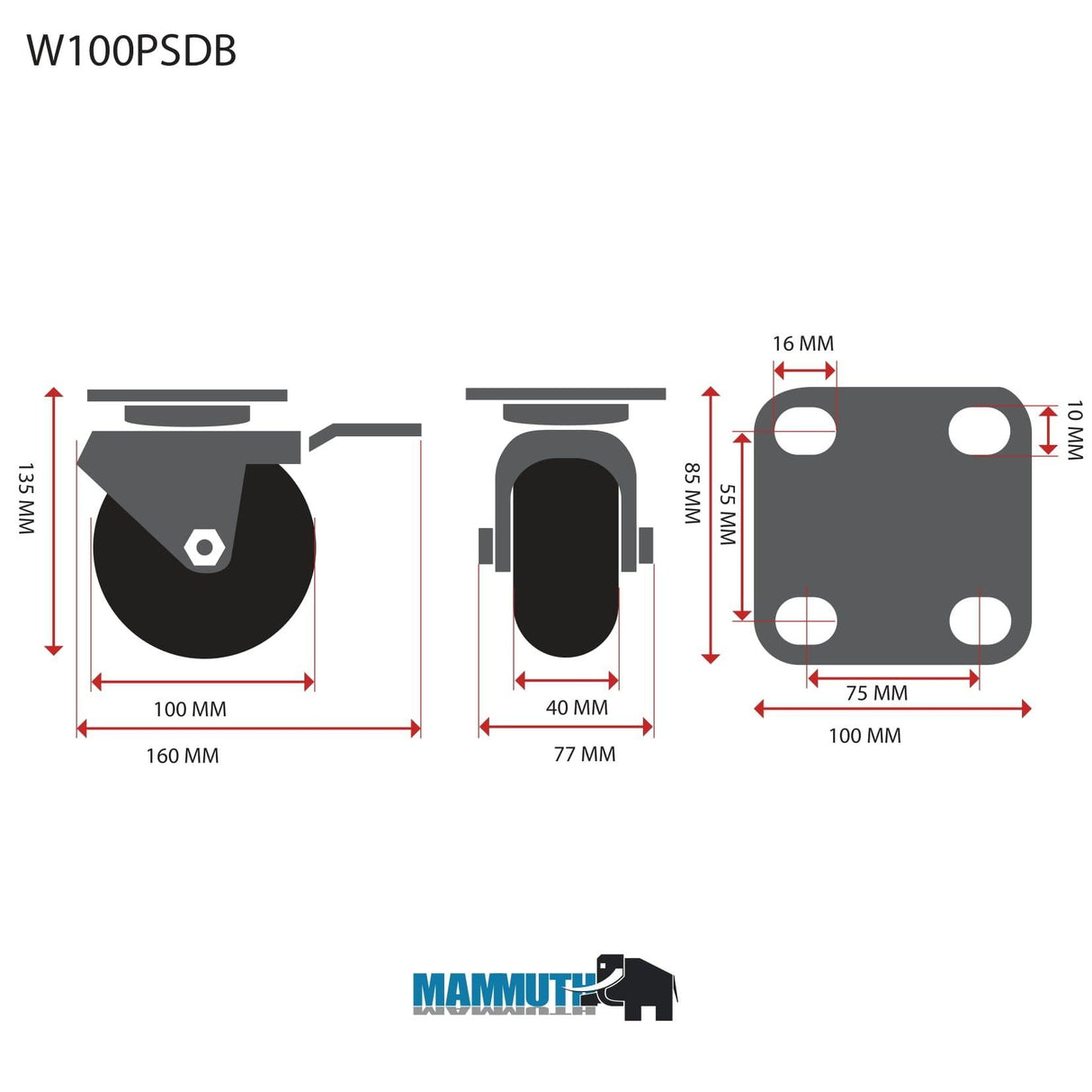 MAMMUTH Lenkrolle mit Bremse 160kg 100 x 40mm PU Ersatzrad Ersatzrolle Rolle W100PSDB - Tools.de TP Profishop GmbH