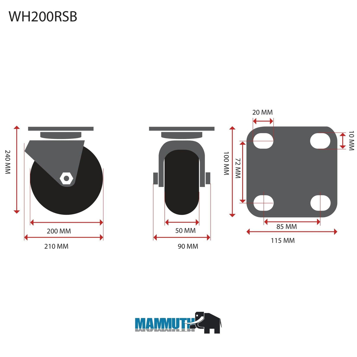 MAMMUTH Lenkrolle mit Bremse 270kg 200 x 50mm Gummi Ersatzrad Ersatzrolle Rolle WH200RSB - Tools.de TP Profishop GmbH