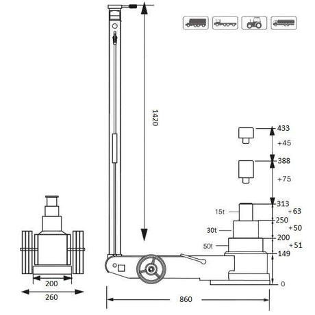 MAMMUTH LKW Wagenheber Lufthydraulisch Kapazität: 50T / 30T / 15T (mehrere Stufen) Pneumatikantrieb FJ50AHT - Tools.de TP Profishop GmbH