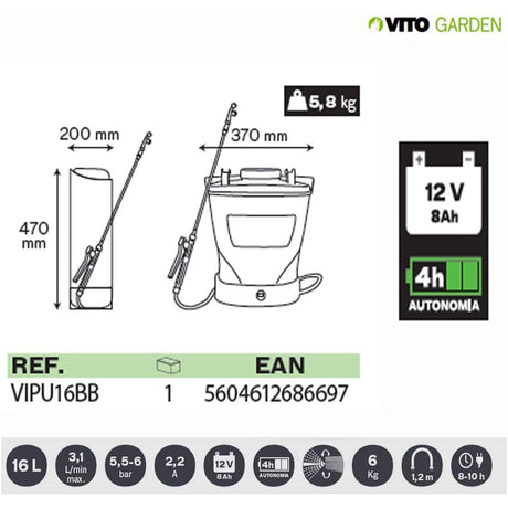 VITO 16 Liter Akku Drucksprüher Rückenspritze 12V Blei-Akku 110cm Teleskop Düngung Unkraut Schädlingsbekämpfung 16L Tank - Tools.de TP Profishop GmbH