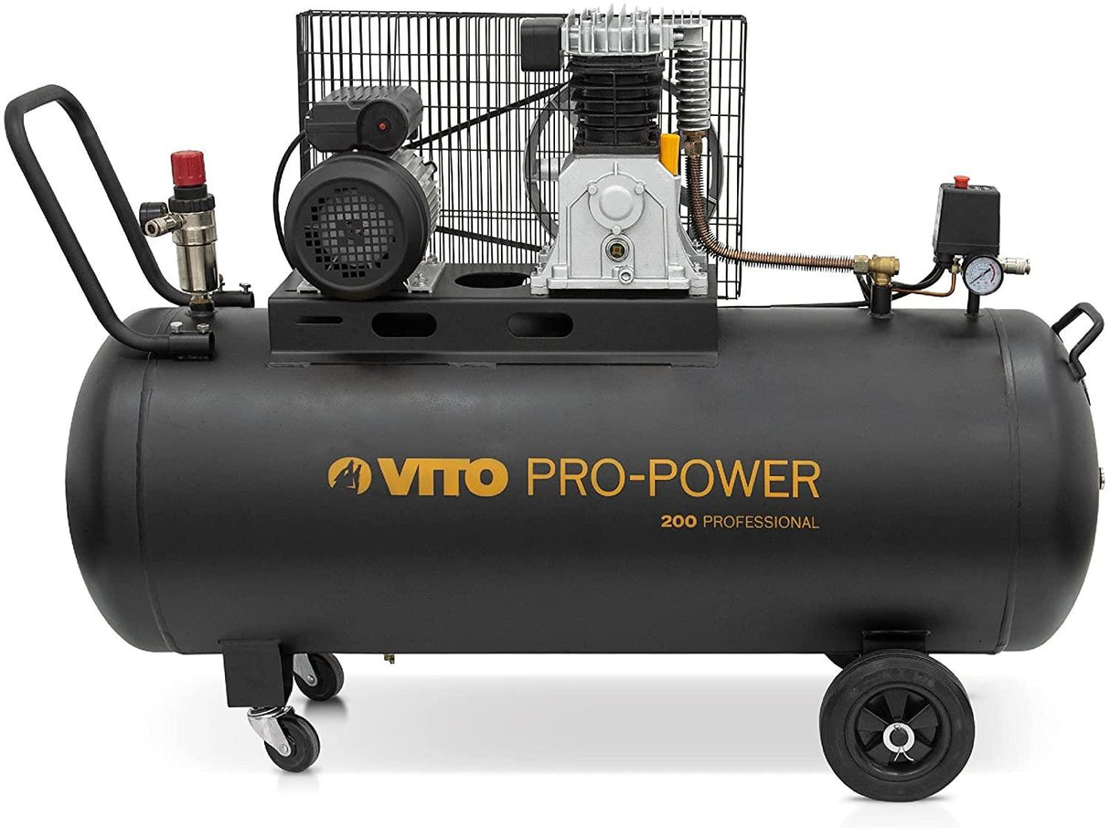 VITO Black Series Pro-Power 200 Liter Kompressor 10 bar 230v 4 PS (12 bar max) 400L/Min - Luftkompressor 200L Kessel Ölgeschmiert, Druckluftkompressor 10 Bar Kompressor 3000W - Tools.de TP Profishop GmbH