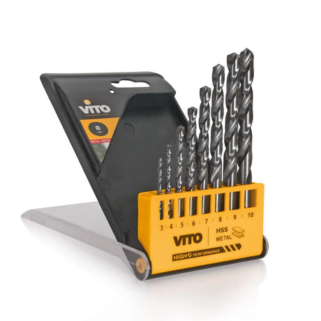 VITO Bohrersatz aus Stahl VIBHSSC8, 8 8 HSS-KOBALT-BOHRERN, Durchmesser 3,4,5,6,7,8,9,10 mm, Set, DIN 338 zertifiziert, 135º, verschiedene Aufsätze, zum Bohren von Stahl etc. - Tools.de TP Profishop GmbH