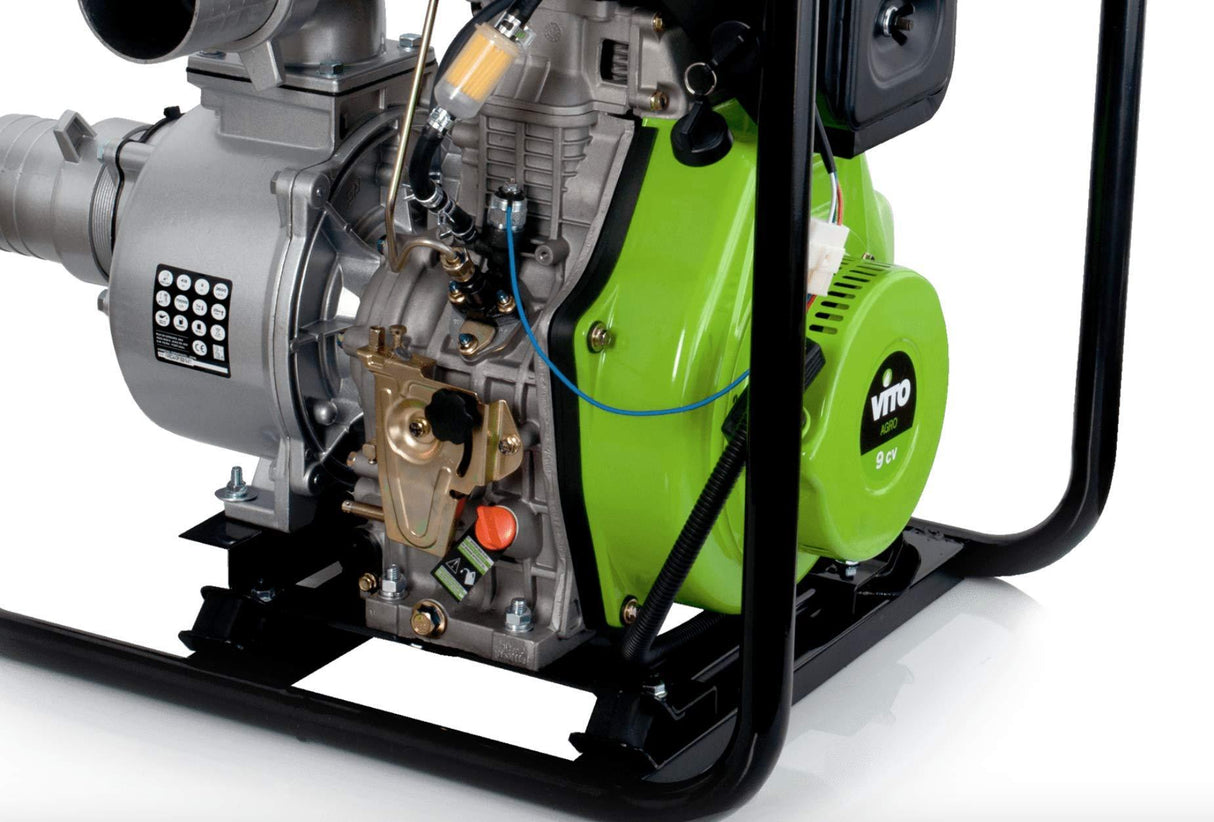 VITO Diesel 4" Motorpumpe 9 PS mit E-Starter selbstansaugend 4-Takt EURO5 Dieselmotor Wasserpumpe 2.5Bar starke Teichpumpe, 3600U/min 70000 L/h - 25m⇡ max 7m⇣ max - Tools.de TP Profishop GmbH