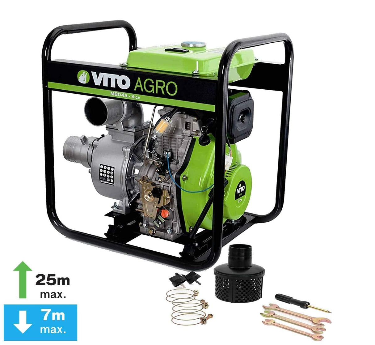VITO Diesel 4" Motorpumpe 9 PS mit E-Starter selbstansaugend 4-Takt EURO5 Dieselmotor Wasserpumpe 2.5Bar starke Teichpumpe, 3600U/min 70000 L/h - 25m⇡ max 7m⇣ max - Tools.de TP Profishop GmbH