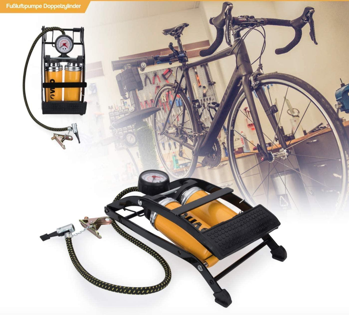 VITO Fußluftpumpe Doppelzylinder 2 Zylinder mit Manometer bis 7 bar - Tools.de TP Profishop GmbH