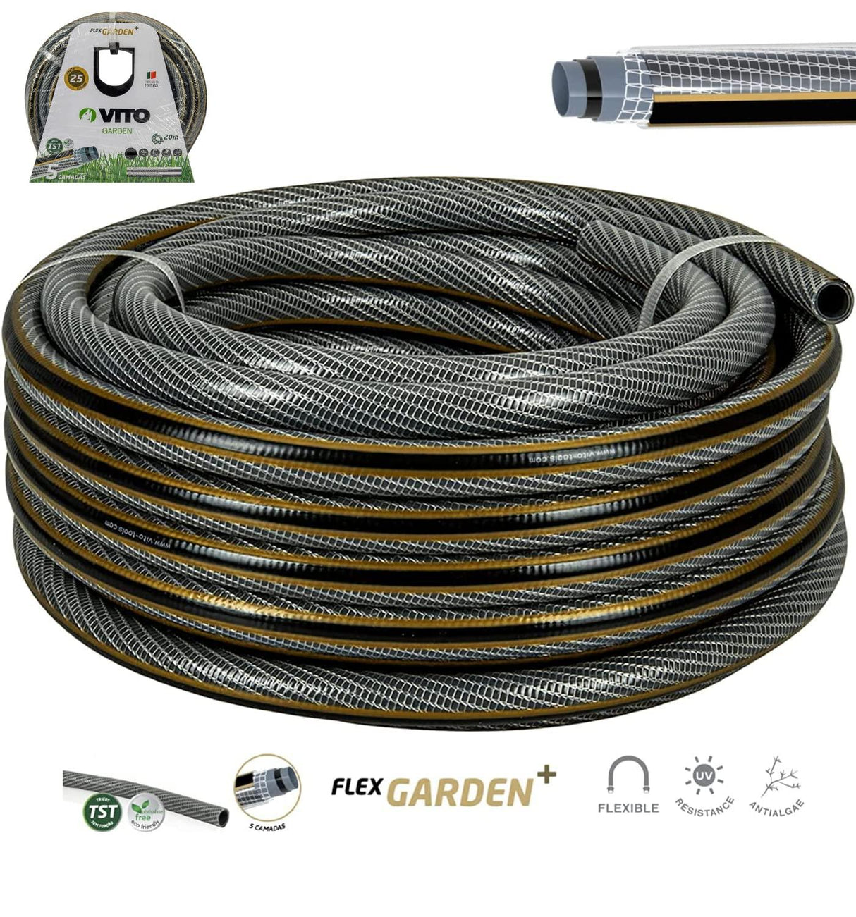 VITO Garden Gartenschlauch 15 mm (5/8 Zoll) 20 m | 5-lagig | 20 bar | FLEXGarden | kein abknicken, kein verdrehen | UV-beständig | Farbe: grau-gold (15 mm (5/8 Zoll) 20 m) - Tools.de TP Profishop GmbH
