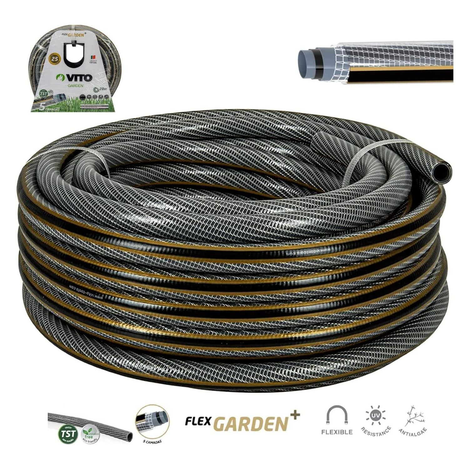 VITO Garden Gartenschlauch 15 mm (5/8 Zoll) 20 m | 5-lagig | 20 bar | FLEXGarden | kein abknicken, kein verdrehen | UV-beständig | Farbe: grau-gold (15 mm (5/8 Zoll) 20 m) - Tools.de TP Profishop GmbH