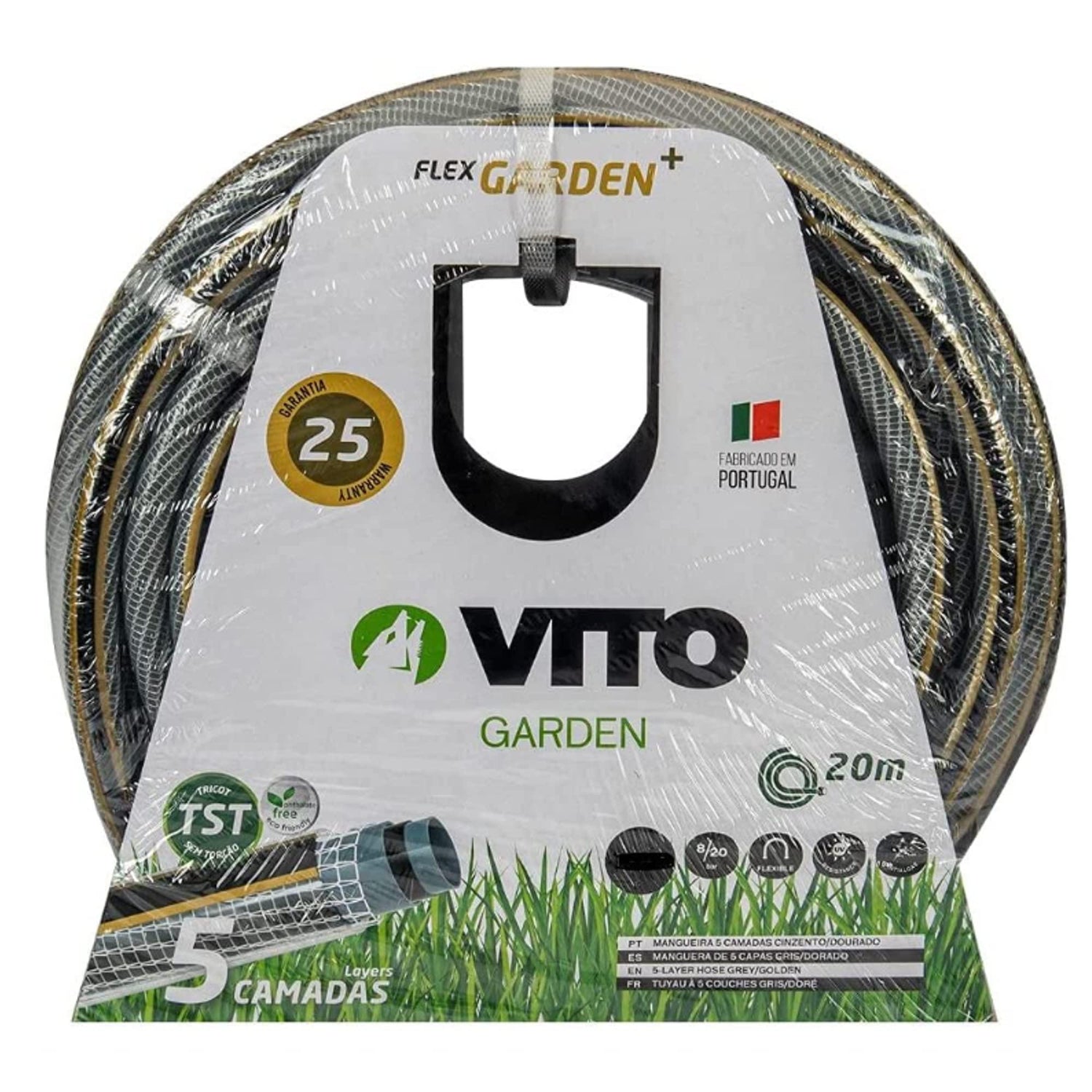 VITO Garden Gartenschlauch 15 mm (5/8 Zoll) 20 m | 5-lagig | 20 bar | FLEXGarden | kein abknicken, kein verdrehen | UV-beständig | Farbe: grau-gold (15 mm (5/8 Zoll) 20 m) - Tools.de TP Profishop GmbH