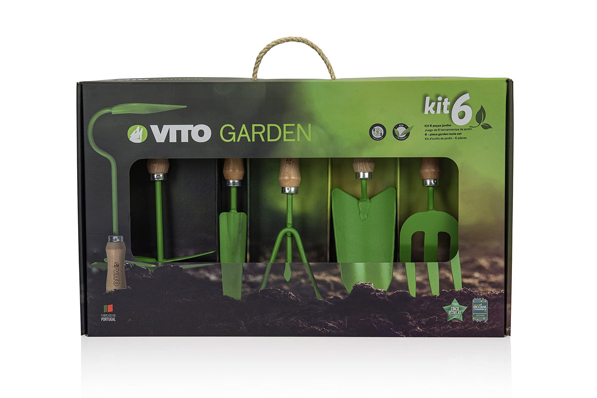 VITO Garden - Gartenwerkzeug Set 6 Teile - Blumenkelle, Unkrautstecher, Handkralle, Blumengabel - für Garten und Balkon - hochwertige Gartengeräte aus Stahl - Handmade in Portugal - Tools.de TP Profishop GmbH