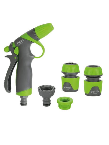 VITO Gartenspritze Set mit Gummigriff und Schnellkupplung | Gartenbrause | Gartenspritze mit Schlauchstück, Wasserstopp, Hahnanschlussstück und Adapter | AquaStop | Abmessungen: 5/8" - 15 mm - Tools.de TP Profishop GmbH