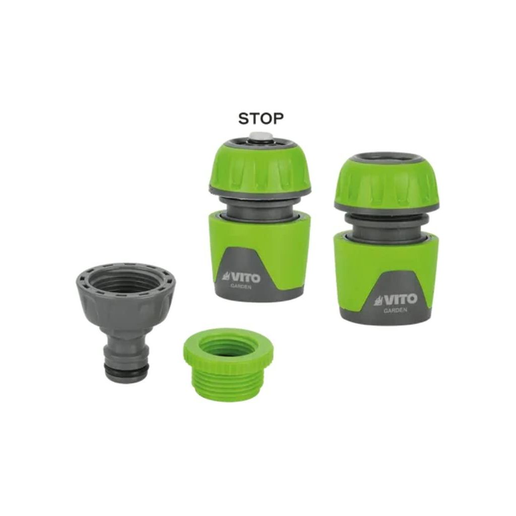 VITO Gartenspritze Set mit Gummigriff und Schnellkupplung | Gartenbrause | Gartenspritze mit Schlauchstück, Wasserstopp, Hahnanschlussstück und Adapter | AquaStop | Abmessungen: 5/8" - 15 mm - Tools.de TP Profishop GmbH