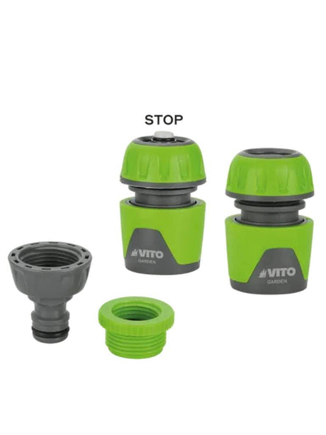 VITO Gartenspritze Set mit Gummigriff und Schnellkupplung | Gartenbrause | Gartenspritze mit Schlauchstück, Wasserstopp, Hahnanschlussstück und Adapter | AquaStop | Abmessungen: 5/8" - 15 mm - Tools.de TP Profishop GmbH