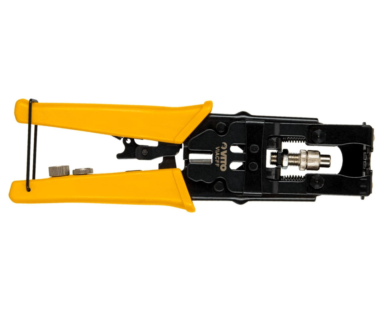 VITO Koax Kompressionszange mit BNC/RCA-/F-Stecker für RG59/58/6-Kabeldraht, Kompressionszange F-Stecker Crimpzange DVB-S2 DVB-C DVB-T2 BK Anlagen Verpresswerkzeug Koaxialkabel - VIACFF - Tools.de TP Profishop GmbH