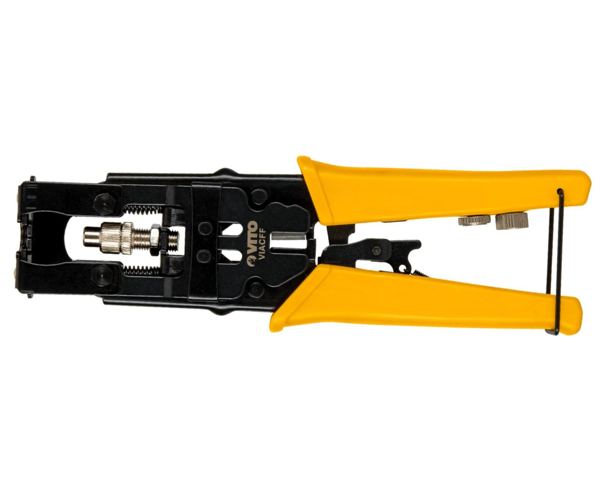 VITO Koax Kompressionszange mit BNC/RCA-/F-Stecker für RG59/58/6-Kabeldraht, Kompressionszange F-Stecker Crimpzange DVB-S2 DVB-C DVB-T2 BK Anlagen Verpresswerkzeug Koaxialkabel - VIACFF - Tools.de TP Profishop GmbH