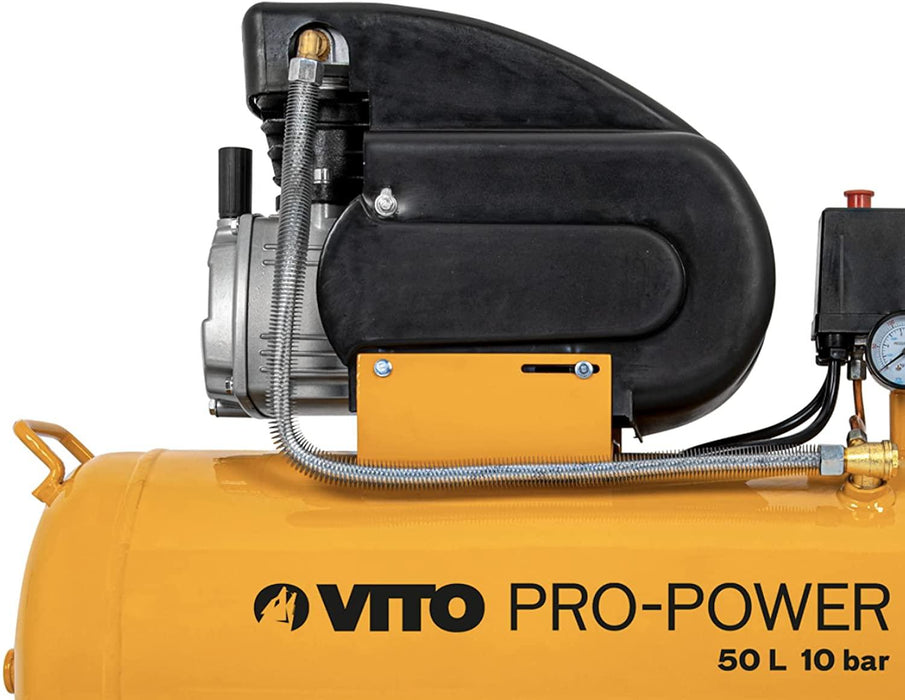 VITO Kompressor 50L 10 bar 2.5PS, 1900w, inkl. Druckminderer, 50 l-Tank, 2 Manometer & 2 Schnellkupplungen, vibrationsgedämpfte Standfüße, Haltebügel, Sicherheitsventil, 2850 U/min, 206 L/min - Tools.de TP Profishop GmbH