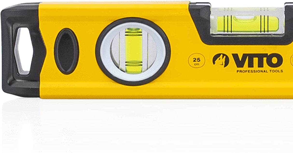 VITO Magnetische Aluminium-Wasserwaage -25cm Lang - rundum ablesbar - Antischock Seitenanschläge - 3 Blasen: lotrecht, waagerecht und 45 Grad - Maße:250 x 55 x 22 mm - VINAL25 - Tools.de TP Profishop GmbH