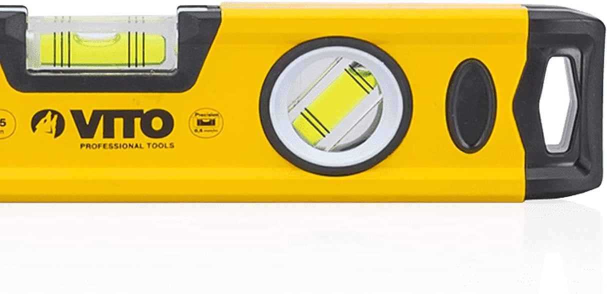 VITO Magnetische Aluminium-Wasserwaage -25cm Lang - rundum ablesbar - Antischock Seitenanschläge - 3 Blasen: lotrecht, waagerecht und 45 Grad - Maße:250 x 55 x 22 mm - VINAL25 - Tools.de TP Profishop GmbH