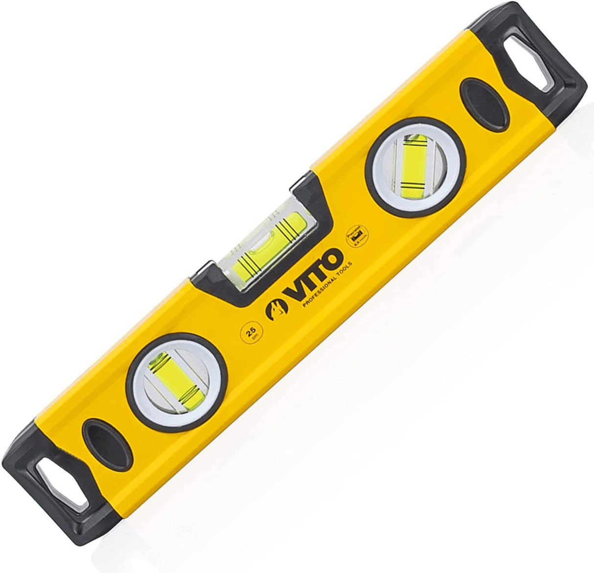 VITO Magnetische Aluminium-Wasserwaage -25cm Lang - rundum ablesbar - Antischock Seitenanschläge - 3 Blasen: lotrecht, waagerecht und 45 Grad - Maße:250 x 55 x 22 mm - VINAL25 - Tools.de TP Profishop GmbH