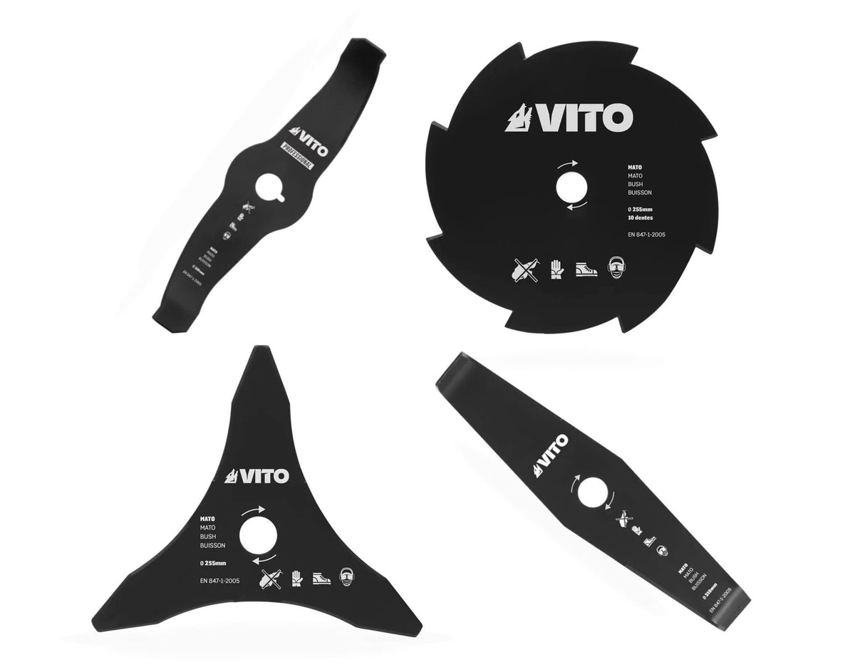 VITO MesserKit für Motorsensen, Freischneider 4er SET Grasschneideblatt, Häckselmesser, Dickichtmesser, Universal - 255mm - Unterholz, Gras schneiden - 25,4mm Bohrungsdurchmesser - Tools.de TP Profishop GmbH