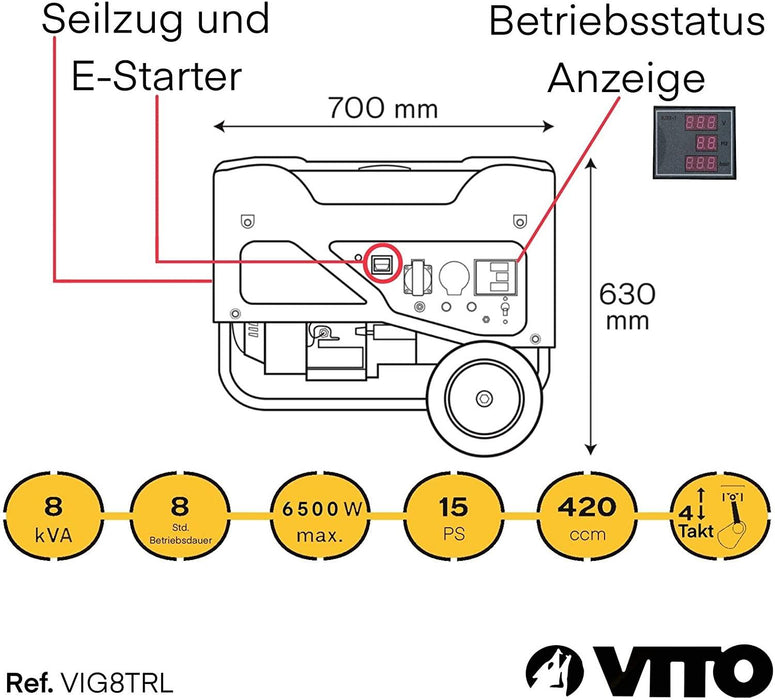VITO Pro-Power AVR Benzin Stromerzeuger 400V - 8kVA Generator 15PS 6.5kW E-Starter, Ölmangelsicherung, Überlastschalter - Tools.de TP Profishop GmbH