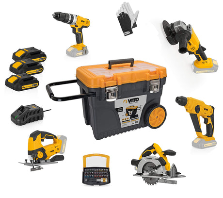 VITO Professional 20V 2x 2.0Ah 1x 4.0Ah Akku Werkzeug Set (PowerPack5) Akku Combo Kit Werkzeugset Akku Stichsäge, Schrauber, Kreissäge, Bohrhammer - Tools.de TP Profishop GmbH