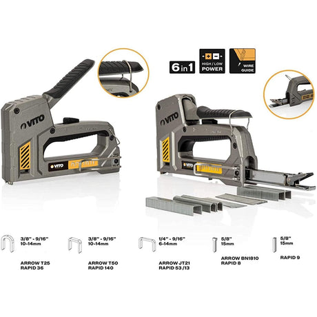 VITO Professional Hochwertiger & leistungsstarker Werkzeugtacker, Handtacker 6in1 mit einstellbarer Schusskraft, Tacker - Qualität von Vito Pro Power - Tools.de TP Profishop GmbH