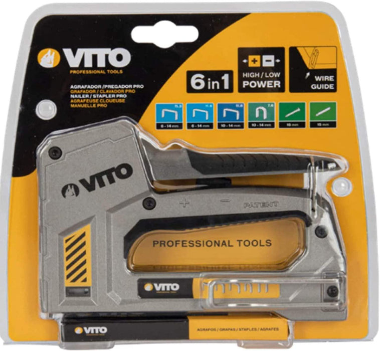 VITO Professional Hochwertiger & leistungsstarker Werkzeugtacker, Handtacker 6in1 mit einstellbarer Schusskraft, Tacker - Qualität von Vito Pro Power - Tools.de TP Profishop GmbH