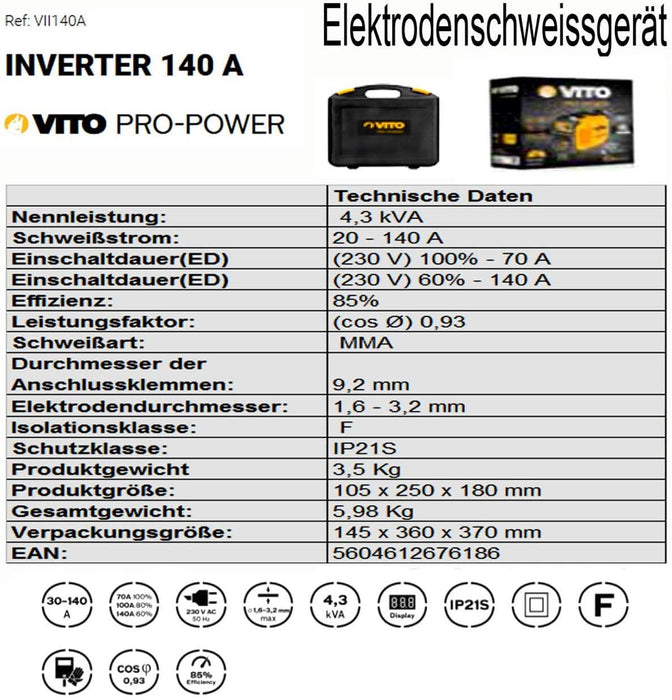 VITO Schweißgerät Elektroden Inverter MMA 140 A Schweissgerät E Hand Elektroden MMA 140 A + Koffer - LED Anzeige - PROFI - Qualität von VITO PRO POWER - Tools.de TP Profishop GmbH