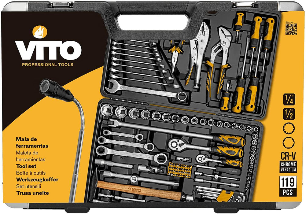 VITO Universal Werkzeugkoffer 119-teilig Werkzeug-Set Montage für den Profi, Monteur und Heimwerker - Werkzeugkasten,Werkzeugkiste,Werkzeugbox - Tools.de TP Profishop GmbH